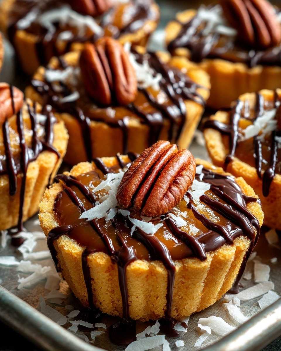 The image shows small round desserts with a golden brown crumbly base shaped like a cup. Inside each base is a light caramel-colored filling with a slightly sticky texture, topped with a whole pecan that is medium brown and textured with natural ridges. Over the top, smooth dark chocolate is drizzled in thin, uneven vertical lines creating a shiny contrast. These desserts sit on a metal tray with some scattered white coconut flakes around them. The close-up view focuses on the details of one dessert, making the textures and layers clear and vivid. photo taken with an iphone --ar 4:5 --v 7