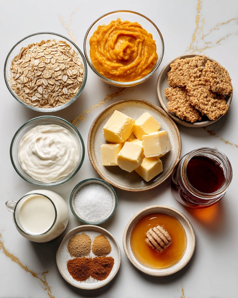 The image shows an overhead view of various baking ingredients arranged neatly on a white marbled surface with gold veins. There are ten containers in total: a small glass bowl filled with rolled oats; a small glass bowl with smooth, orange pumpkin puree; a small glass bowl of thick white cream; a small glass bowl holding broken graham crackers; a small ceramic plate with several cubes of pale yellow butter; a small ceramic plate with ground spices in brown, cinnamon, and tan shades; a small ceramic plate with white granulated salt; a small glass cup filled with white milk; an amber glass jar containing a dark liquid syrup; and a small ceramic plate holding light honey. The ingredients are spaced evenly, forming a balanced composition. Photo taken with an iphone --ar 4:5 --v 7