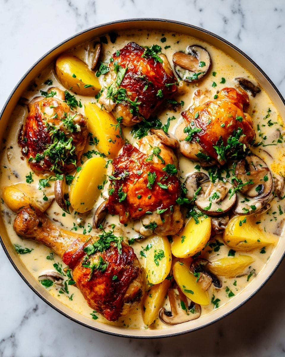 The image shows seven small white bowls arranged on a white marbled surface, each holding different ingredients for a recipe. At the top left, there is a slightly oval white bowl with two pink chicken fillets sprinkled with salt and pepper, labeled with a small paper tag. To the right, a medium white bowl is filled with thin white onion slices. Below the chicken fillets, a small white bowl contains apple cider, dark amber in color. Next to it, a smaller white bowl holds a brown coconut sugar powder. Below the apple cider, a rounded white bowl has white goat cheese pieces. To the right of the cheese, a small square white bowl contains pale butter cubes. At the bottom left, a small white bowl with golden oil is placed. Fresh green thyme sprigs lie on the marbled surface near the bowls. No hands are visible. Photo taken with an iphone --ar 4:5 --v 7