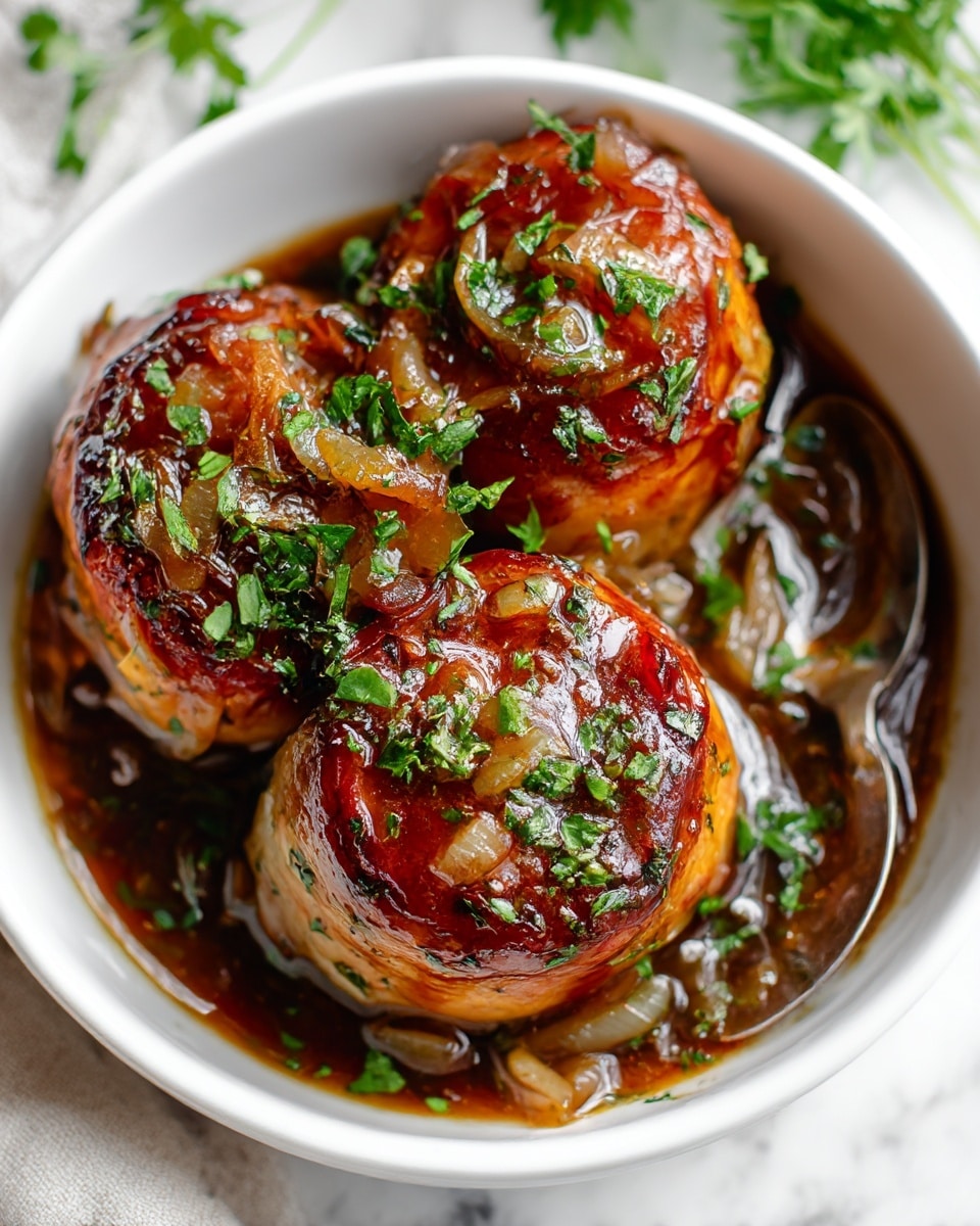 The image shows a bowl filled with three cooked meat pieces, covered in a glossy layer of brown sauce mixed with caramelized onions and small green herb sprinkles on top. The meat pieces are golden brown with crispy edges, arranged closely together inside the bowl. The bowl is white, and it sits on a white marbled surface. In the background, there is a soft focus on a cloth and some fresh green herbs. A woman's hand holding a spoon is visible near the bowl. photo taken with an iphone --ar 4:5 --v 7
