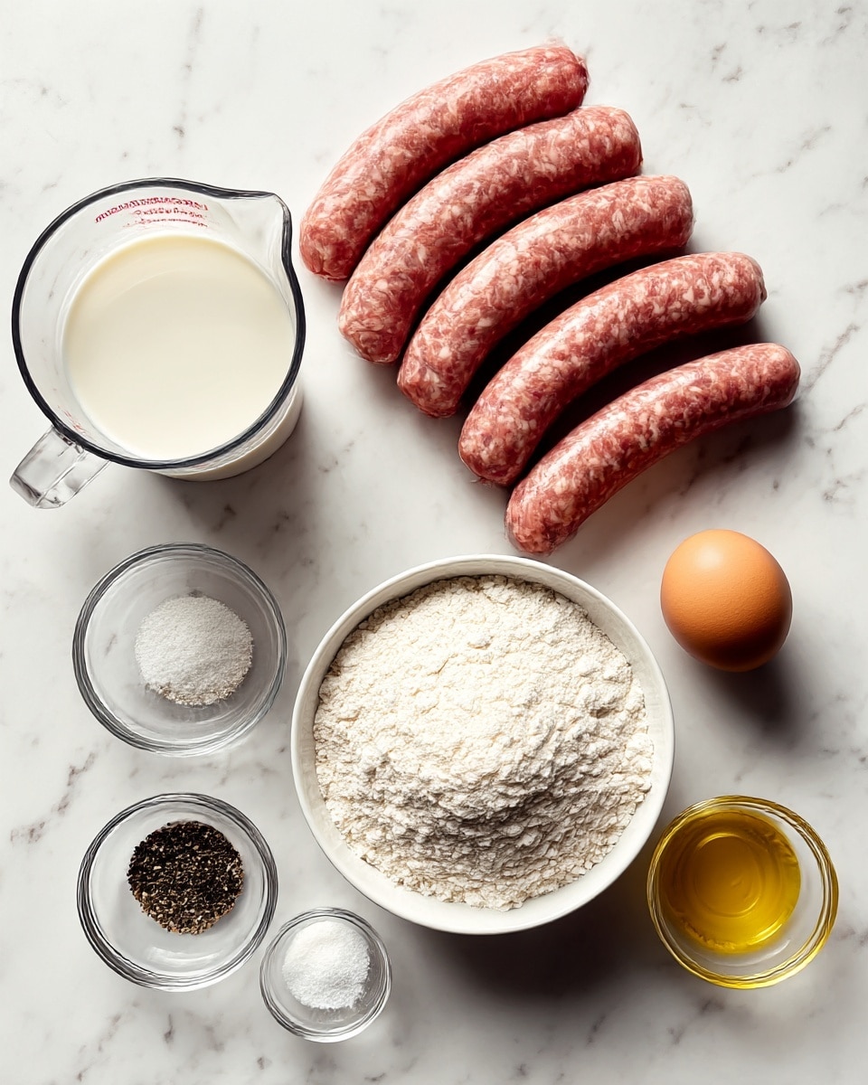 The image shows eight raw pork sausages placed in a slightly curved row at the top center on a white marbled surface. Below and slightly right is a medium clear white bowl filled with white all-purpose flour, smooth and flat on top. To the left of the flour bowl is a clear white measuring cup filled almost to the top with white milk. On the right side near the top, there is a small clear white bowl holding two brown eggs. Below it, three small clear white bowls are lined up horizontally: the left one contains black pepper, the middle one white salt, and the right one light yellow vegetable oil. The whole setting is neat and evenly spaced on the white marbled surface, photo taken with an iphone --ar 4:5 --v 7