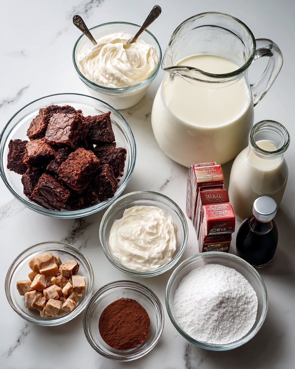 The image shows eight white bowls and plates on a white marbled surface, each holding a different baking ingredient. Starting from the top left, there is a white bowl filled with white flour that looks soft and powdery. On the top right, a white flower-shaped bowl contains white sugar with a fine granular texture. Below the sugar, a small white plate holds three thick yellow butter slices placed next to a small bottle of vanilla extract. At the bottom right, a small white bowl contains three brown eggs with smooth shells. To the bottom left of the eggs, a white cup holds white milk with a smooth surface. Near the bottom center, a small white bowl contains white baking powder with a fine texture. Lastly, at the very bottom left, a small white bowl holds white salt granules. The setup is clean and minimal with natural light highlighting each ingredient’s texture. photo taken with an iphone --ar 4:5 --v 7