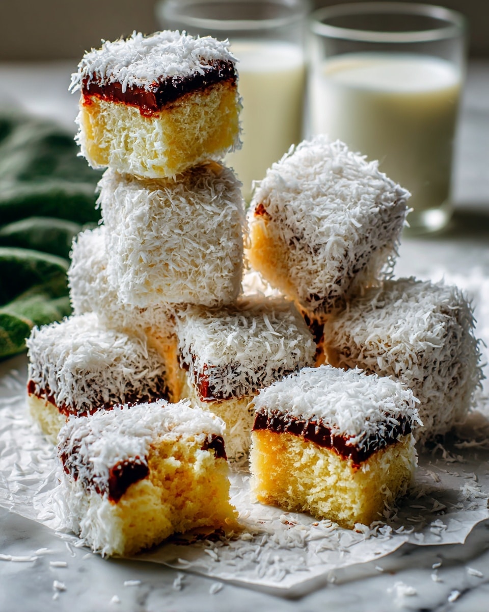 A three-layer square cake with the bottom layer a light yellow sponge, the middle layer a thick white cream next to a thin red jam layer, and the top layer the same light yellow sponge covered with a dark chocolate frosting sprinkled heavily with white shredded coconut; a piece of the cake is cut and slightly pulled out, showing the layers clearly, with a red cherry placed beside it on a white marbled surface; the photo taken with an iphone --ar 4:5 --v 7
