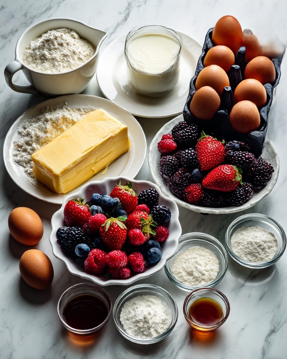A slice of cream tart is placed on a white plate with ridged edges, sitting on a white marbled surface. The tart has three visible layers: a light golden crust at the bottom, a thick pale yellow creamy filling in the middle, and a colorful top layer of fresh fruits including red strawberries, dark blue blueberries, and bright red raspberries. The fruits are closely packed, some strawberry pieces cut in half to show their inside. In the background, the rest of the tart is visible with a cut slice missing, also topped with the same fresh fruits. A grey cloth is casually draped in the foreground, adding texture to the scene. Photo taken with an iphone --ar 4:5 --v 7