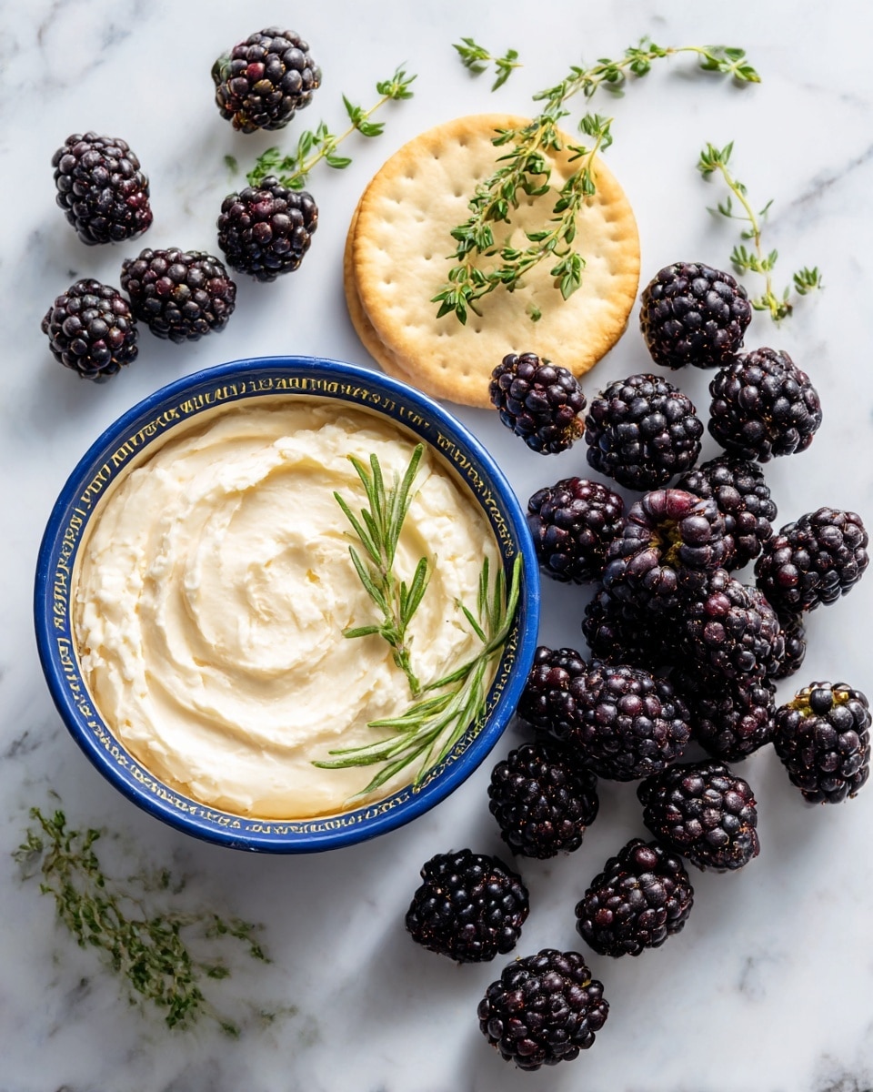 The image shows a triangular container of Alouette Crème de Brie cheese placed on a white marbled surface. The container is blue with a beige label displaying a smooth, creamy cheese spread on a light cracker, along with a sprig of rosemary beside it. To the right of the container, there is a scattered pile of fresh blackberries, deep purple-black in color with a glossy texture. Above the cheese container, small green sprigs of herbs lay casually on the surface. The overall arrangement is simple and clean, highlighting the cheese and berries in natural light. photo taken with an iphone --ar 4:5 --v 7