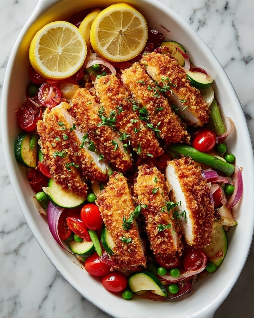 Crispy Chicken Schnitzel with Roasted Green Beans and Red Potatoes Recipe