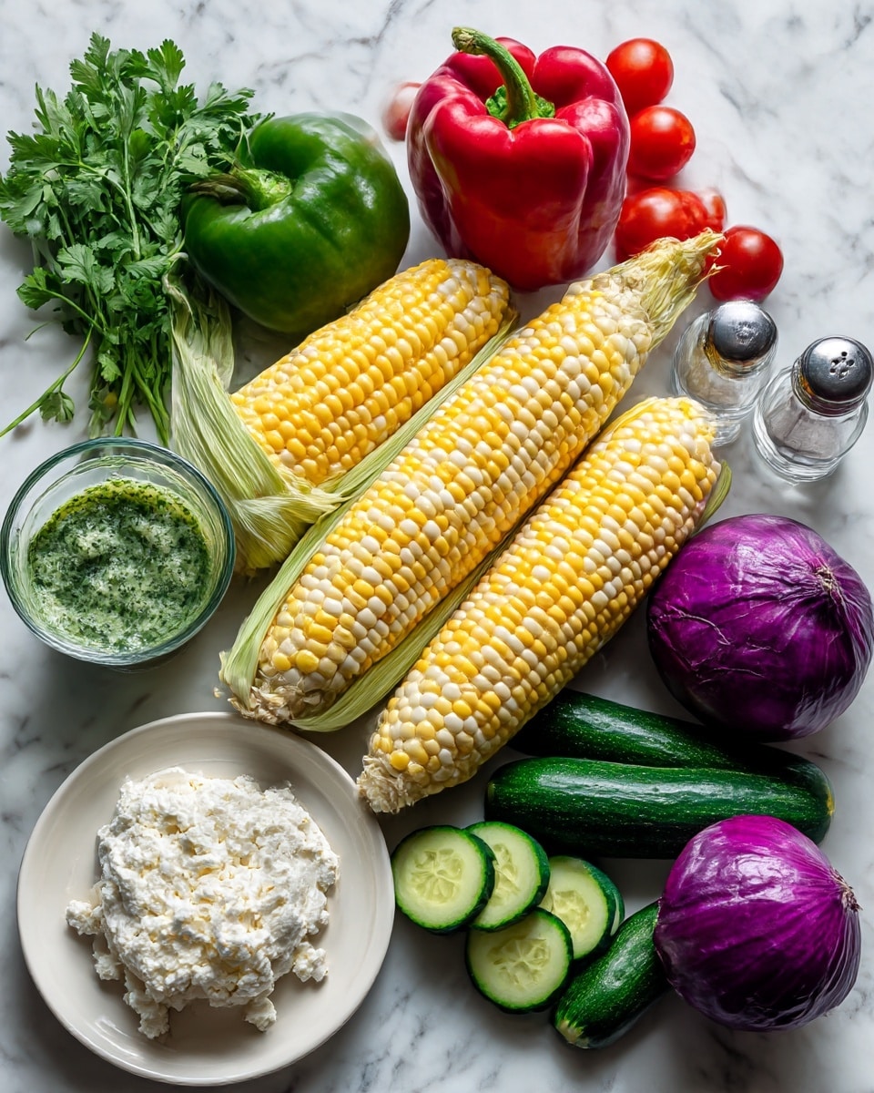 The image shows fresh ingredients arranged neatly on a white marbled surface with labels. At the center are four ears of yellow and white corn placed horizontally side by side. To the left of the corn is a small bunch of green cilantro leaves, above it are two whole bell peppers—one red and one green. To the right of the corn are a half purple-red onion and a green cucumber with five round slices laid near it. Above the corn and cucumber are a cluster of shiny red grape tomatoes and a small clear glass bowl filled with green herb dressing. Above the dressing are two clear salt and pepper shakers. Below the cilantro and corn is a white plate holding a round piece of white cotija cheese with some crumbles beside it. The whole setup is on a white marbled background, photo taken with an iphone --ar 4:5 --v 7