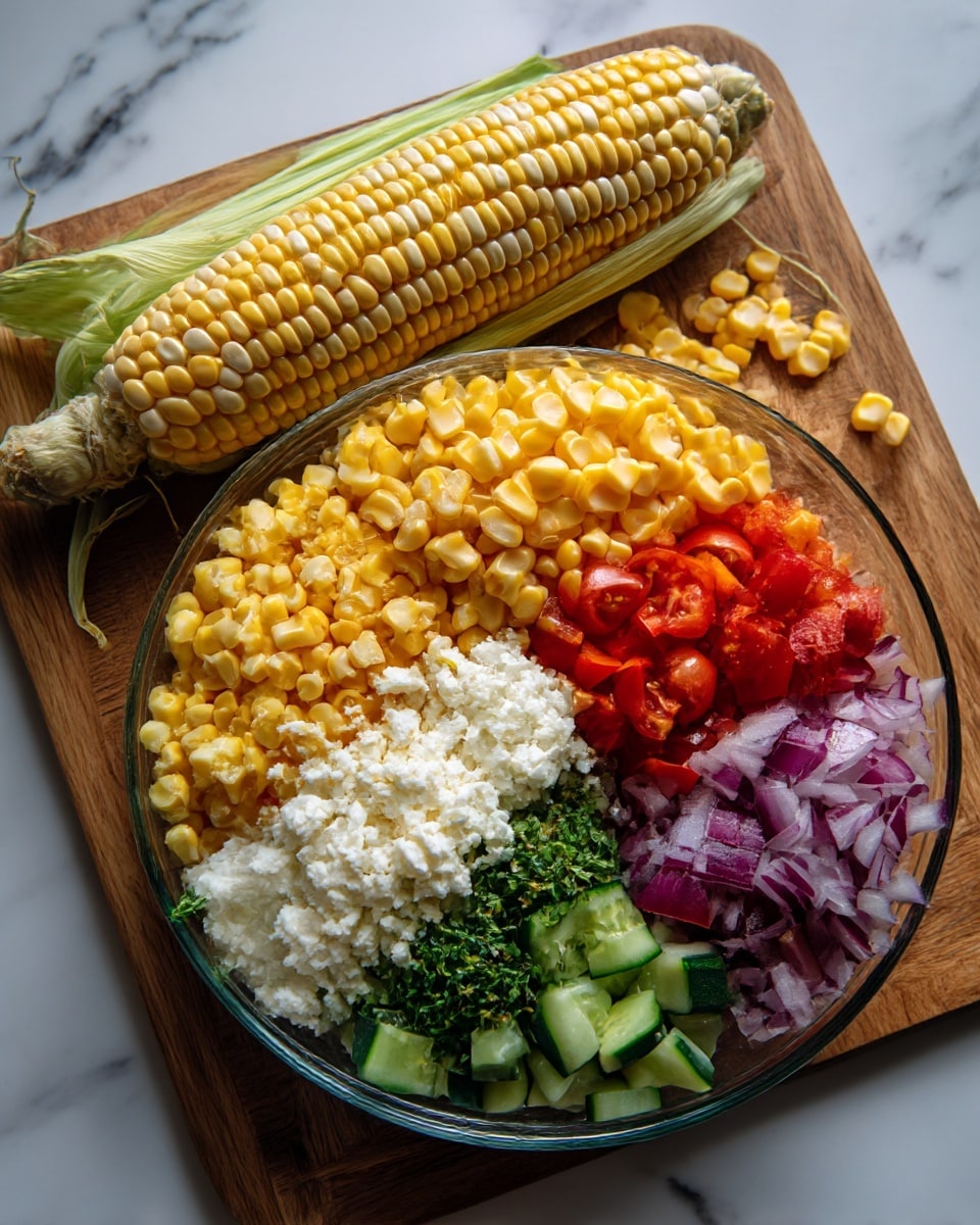 The image shows two parts: on the left, a wooden board with a whole ear of yellow and white corn at the top and many rows of corn kernels cut off from the cob placed below it. On the right, a clear glass bowl on a white marbled surface contains several colorful layers of ingredients arranged neatly in sections. Starting from the top left and moving clockwise, there is bright yellow corn kernels, finely chopped green herbs, small red tomato pieces, chopped green bell pepper, diced purple onion, small red bell pepper pieces, and fresh cucumber chunks. In the center of the bowl, there is a white crumbly layer of cheese. The photo taken with an iphone --ar 4:5 --v 7