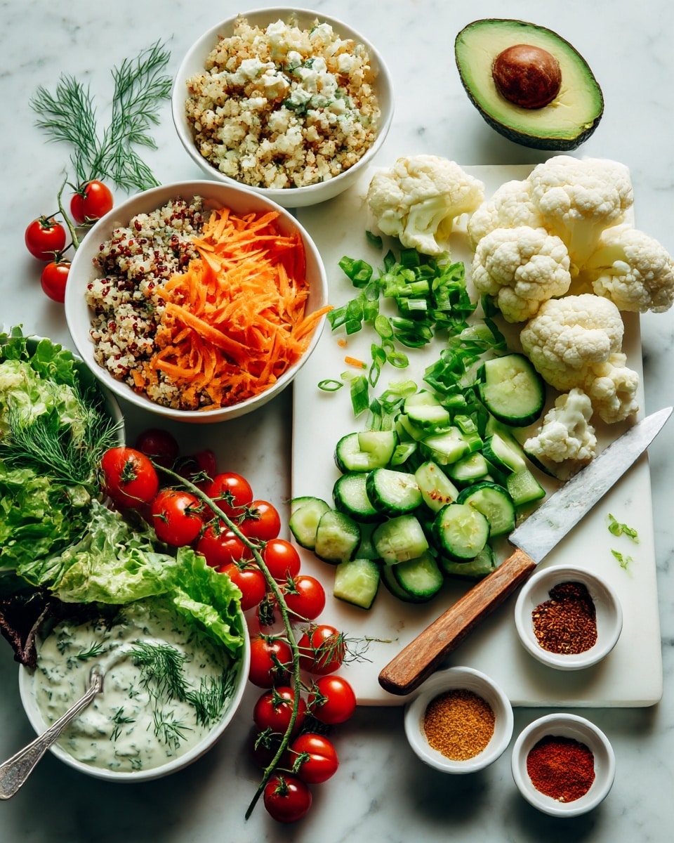 A white cutting board sits on a white marbled surface with a knife placed diagonally, its wooden handle facing up. On the board, there are fresh diced green cucumbers center right, partially cut cucumber slices near the knife, and chopped green onion rings scattered above. To the right are white cauliflower florets. Above the board, a half avocado with bright green flesh and dark skin is visible. To the left of the board are three white bowls: one filled with cooked light brown quinoa, one with shredded orange carrot, and one with white crumbled cheese. Below the quinoa bowl, a vine of small red cherry tomatoes arches along the board’s edge. On the bottom left, there is a bowl with mixed leafy greens, and a bowl of creamy white herb sauce with chopped dill on the surface, a spoon resting inside it. To the right of the sauce are three small white bowls with light brown, dark red, and light yellow powders or seasonings. Photo taken with an iphone --ar 4:5 --v 7