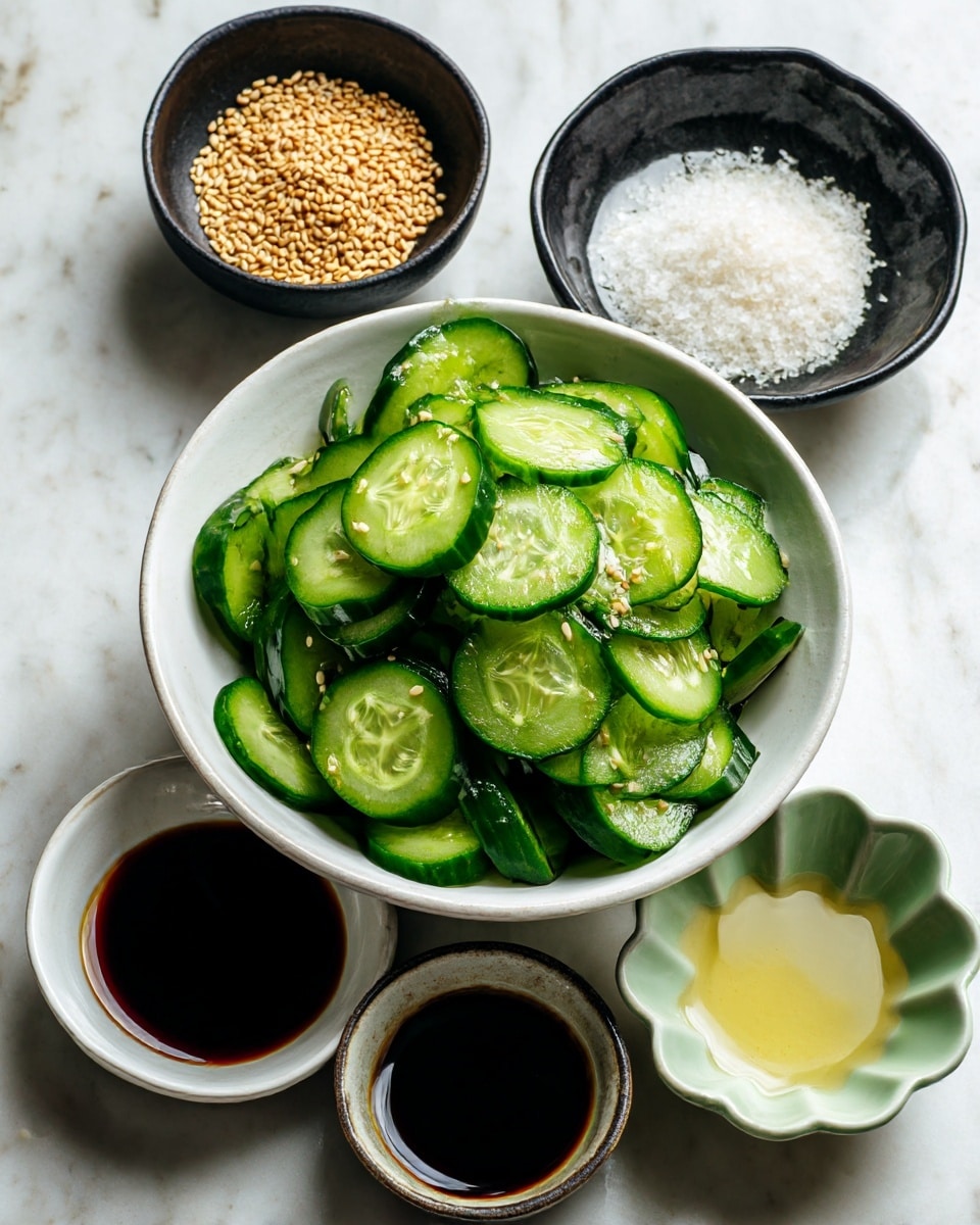 A top-down view of five small bowls and one bigger bowl, all placed on a white marbled surface. The big bowl in the center is white with a light green inner texture filled with thin, round cucumber slices in several overlapping layers showing bright green skin and pale green centers. Surrounding it are five smaller bowls: one black bowl containing light brown sesame seeds, another black bowl filled with white sugar crystals, a white bowl holding dark brown soy sauce, a light green scalloped bowl with white salt grains, and a white oval bowl of pale yellow rice vinegar. photo taken with an iphone --ar 4:5 --v 7