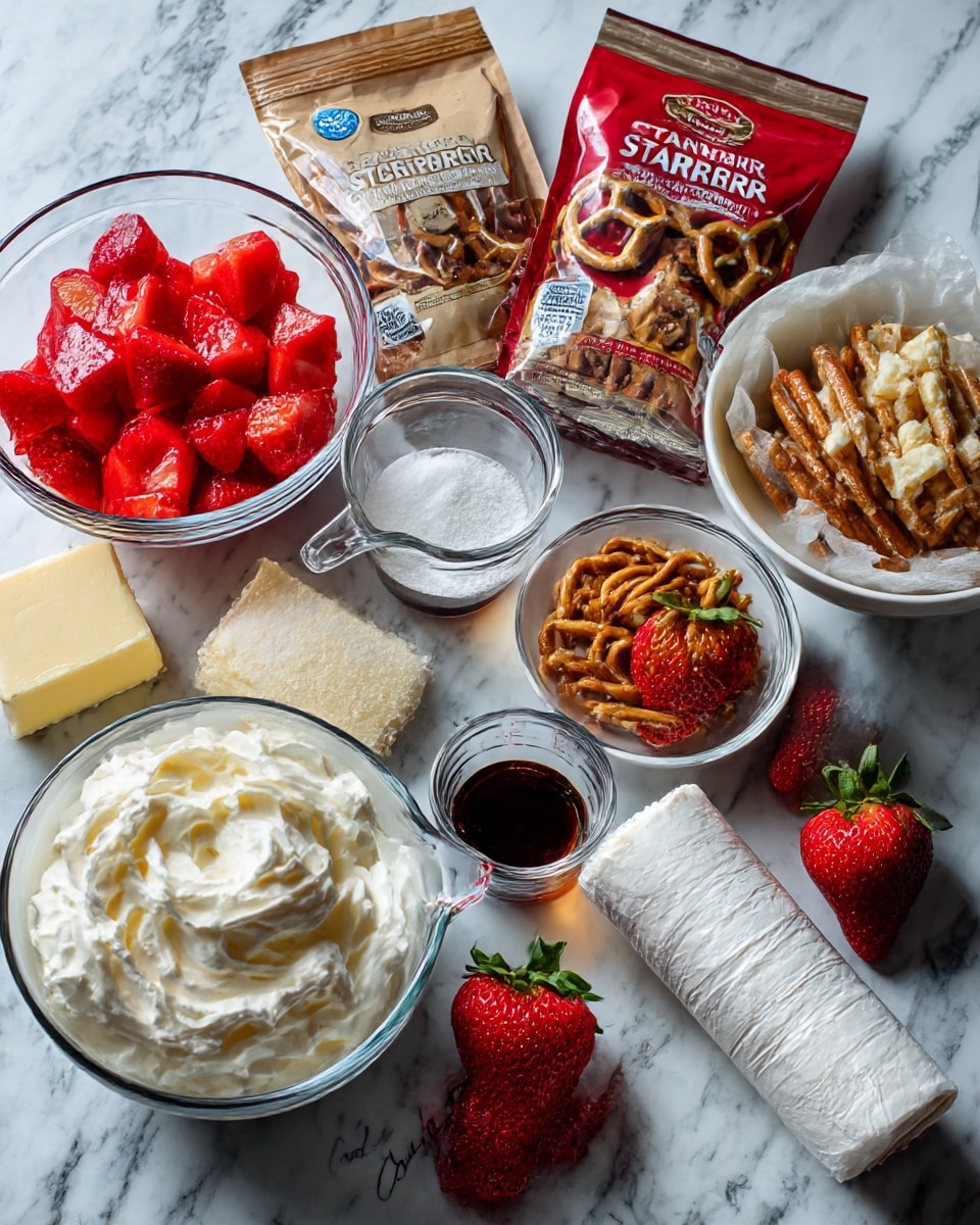 A flat lay image shows clear glass bowls and white dishes arranged on a white marbled surface holding various ingredients for a dessert. There are bright red strawberry pieces in one bowl, light brown whole pretzels in another bowl, and white sugar in a small round bowl. Also visible are two packs of strawberry gelatin powder in opened brown paper packets, a chunk of pale yellow butter wrapped in wax paper, and a small glass cup with dark vanilla extract. A transparent measuring cup with water, a large white bowl filled with whipped cream labeled cool whip, and a roll of cream cheese wrapped in white paper are also shown. Two whole fresh red strawberries with green stems rest on the surface. The ingredients are spaced evenly and labeled with bold black cursive text. photo taken with an iphone --ar 4:5 --v 7