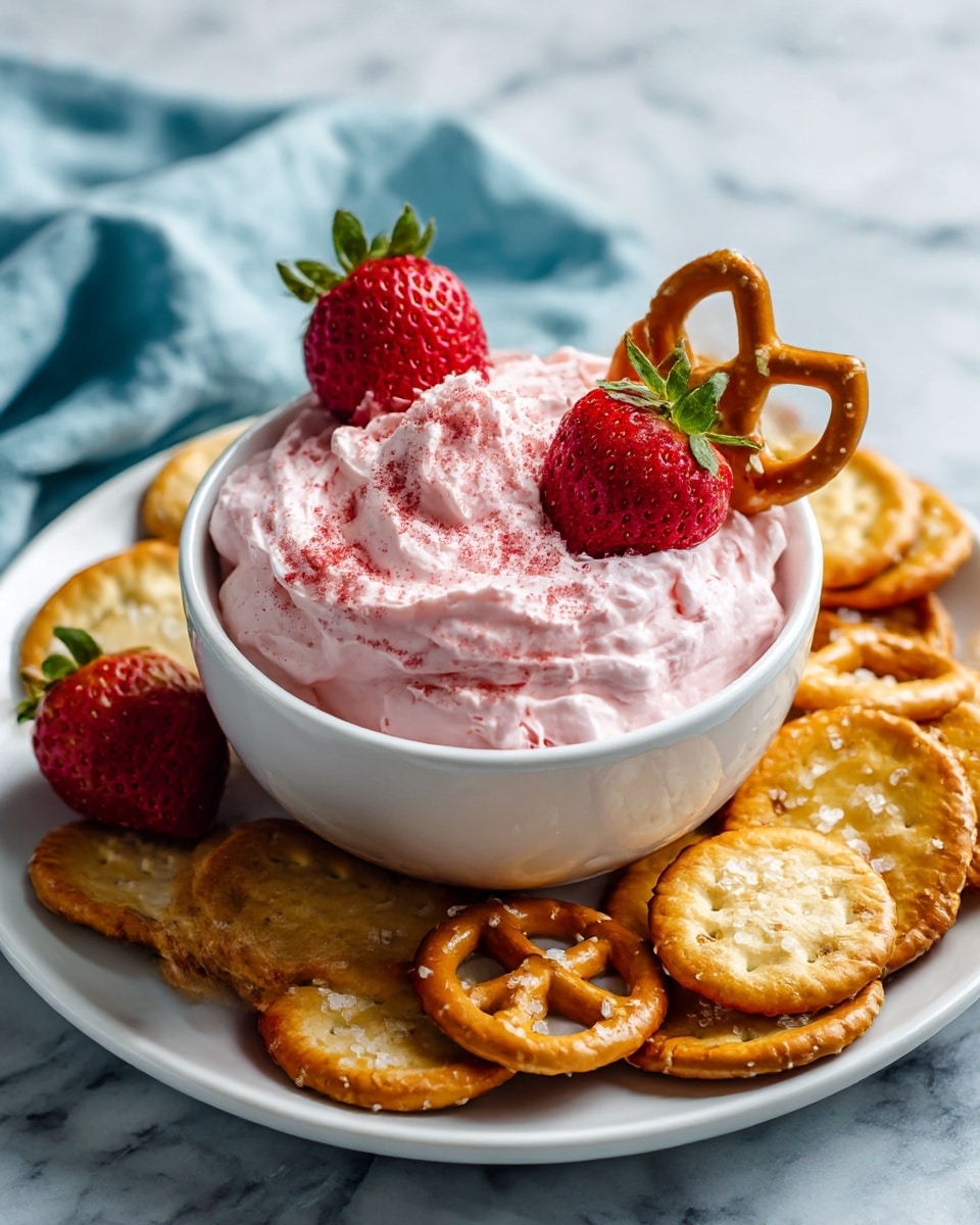 A white bowl filled with light pink, fluffy strawberry dip sits in the center of a large white plate. The dip has a soft, textured surface with a dusting of fine strawberry powder on top. Two fresh strawberries rest on the dip near one side, adding a touch of bright red and green. Surrounding the bowl, the white plate holds many round, golden-brown pretzel crackers with a crunchy texture and salt crystals visible. One pretzel cracker is dipped halfway into the strawberry dip, leaning against the bowl’s edge. The whole setup is on a white marbled surface with a blue cloth partially visible in the background. photo taken with an iphone --ar 4:5 --v 7
