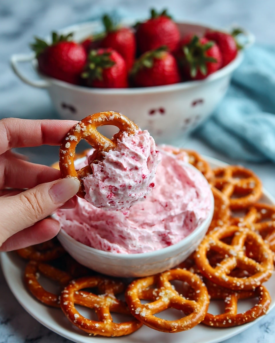 A close-up image shows a woman's hand holding a round pretzel chip dipped with a thick, fluffy pink cream cheese spread that has small visible strawberry pieces. The pink spread looks soft and creamy against the golden-brown pretzel chip with a shiny surface and salt crystals. Below, another woman's hand dips a similar pretzel chip into a white bowl full of the same pink spread. The bowl sits on a white plate filled with more of the same pretzel chips, all arranged casually. In the background, a white colander contains red strawberries with green tops, resting on a white marbled surface with a hint of a blue cloth nearby. Photo taken with an iphone --ar 4:5 --v 7