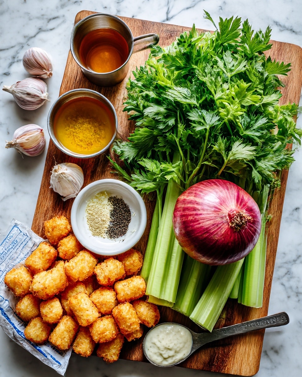 A wooden board on a white marbled surface holds several fresh ingredients and food items arranged neatly: a bunch of bright green parsley with leafy texture on the right side, several long light green celery sticks placed horizontally near the bottom, and a large red onion with a smooth, shiny outer skin positioned at the bottom left. Near the top left, two garlic cloves sit next to a small metal cup filled with amber-colored liquid and a measuring spoon holding a thick yellow paste. Below that, a small white bowl contains finely ground black pepper and light grated cheese side by side. At the bottom left corner, there are many golden crispy tater tots spilling out from a partially visible blue and white bag. Next to them is a measuring spoon filled with a thick, creamy white sauce. The scene is bright with natural light. Photo taken with an iphone --ar 4:5 --v 7