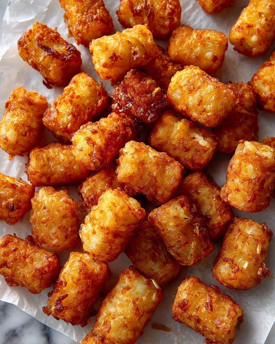 Many small, rectangular golden-brown tater tots with a crispy, textured surface lay scattered closely together on a flat layer of parchment paper. The warm orange and light brown shades highlight their crunchy fried outer layer with small bits of potato texture visible. The background is a simple white marbled texture. photo taken with an iphone --ar 4:5 --v 7