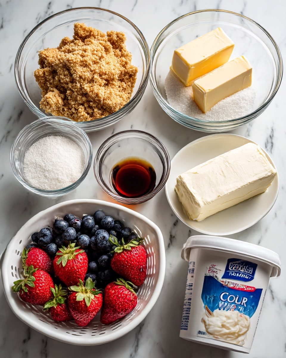 The image shows ingredients arranged on a white marbled surface for making a dessert. There is a clear glass bowl filled with light brown cookie crumbs at the top left. Below it is another clear glass bowl with a small slab of pale yellow butter. To the right, there is a clear glass bowl with fine white sugar. Below that bowl is a small white plate holding a block of creamy white cream cheese. A small cup with dark brown vanilla extract sits between the cream cheese and a clear plastic container filled with fresh, dark blue blueberries on the left side of the image. At the bottom left, a white colander holds bright red strawberries with green tops. On the right side at the bottom, there is a white container of Cool Whip with a blue label. All the items are neatly placed and labeled with bold black text. photo taken with an iphone --ar 4:5 --v 7
