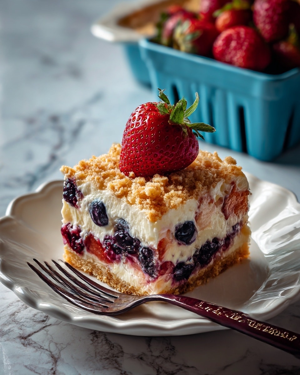 The dish is a square piece of layered dessert placed on a white plate with a scalloped edge. It has three visible layers: a creamy white layer mixed with colorful fruit pieces such as red strawberries and dark blue blueberries, topped with a crumbly light brown layer of crumbs. On the top, a large bright red strawberry with a green stem sits in the middle. A dark reddish-brown fork with writing on the handle lies next to the dessert on the plate. In the background, a blue container holds more strawberries and there is a white marbled surface beneath everything. Photo taken with an iphone --ar 4:5 --v 7