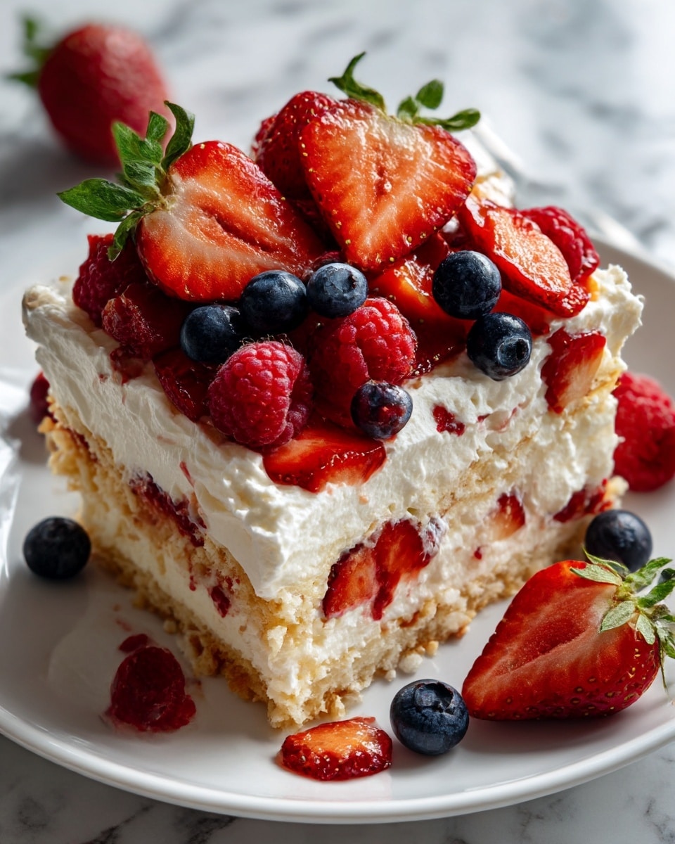 A white plate holds a layered dessert with a base of crushed white and light brown pieces, topped with a thick layer of fluffy white cream mixed with small bits of red strawberries. On top, there is a generous layer of whole and halved strawberries, raspberries, and blueberries, creating a mix of red and blue colors that contrast with the white cream. The plate is set on a white marbled surface. Photo taken with an iphone --ar 4:5 --v 7