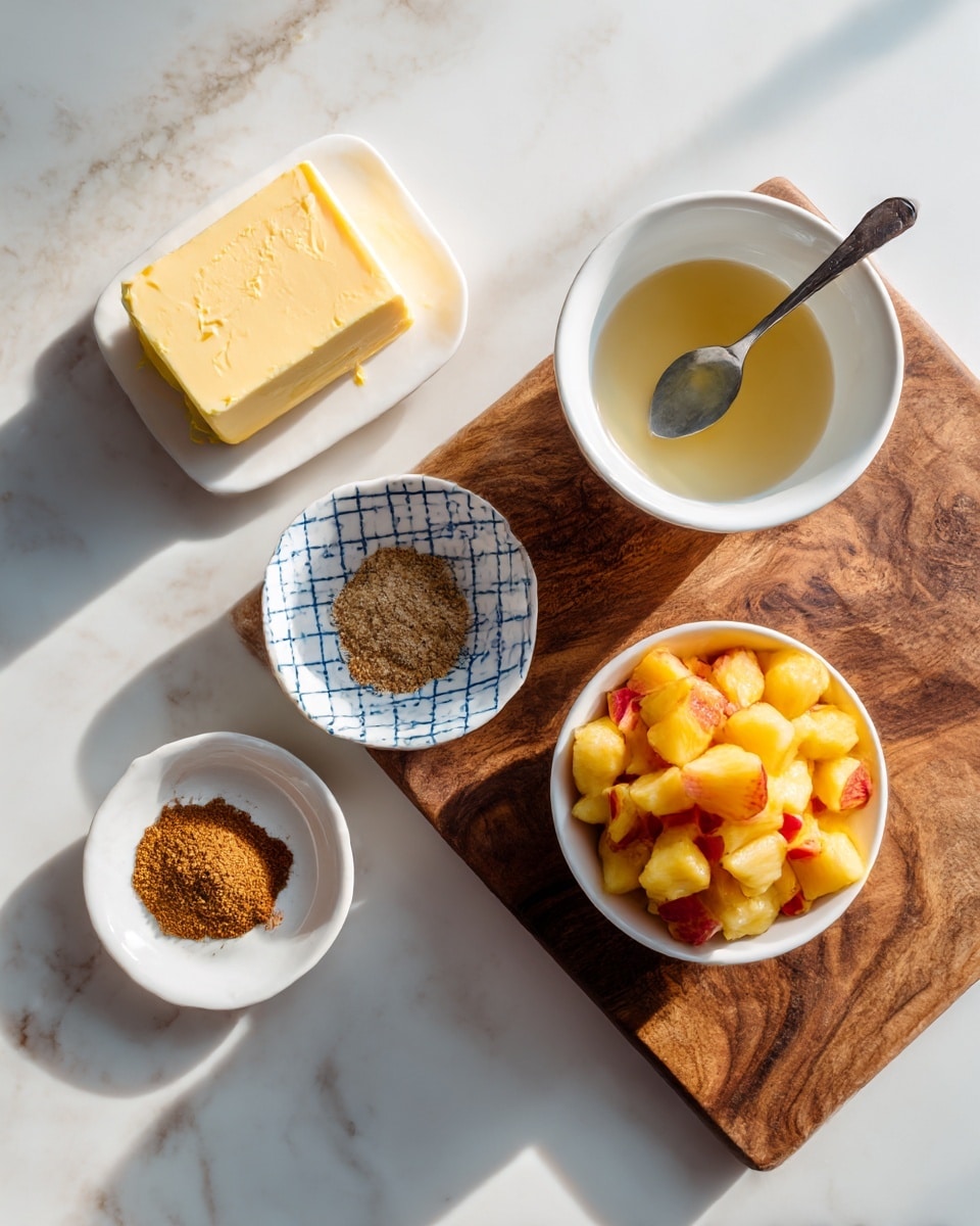 The image shows a wooden cutting board on a white marbled surface with four small white dishes arranged on top. A white bowl filled with red and yellow chopped fruit sits on the right side. To the left, there is a white small plate with a block of yellow butter, below it another white small plate holds brown powdered spice. Above the butter, a small white bowl with a blue grid pattern contains a spoon with a light liquid. The setting has a simple and clean look with natural light. photo taken with an iphone --ar 4:5 --v 7