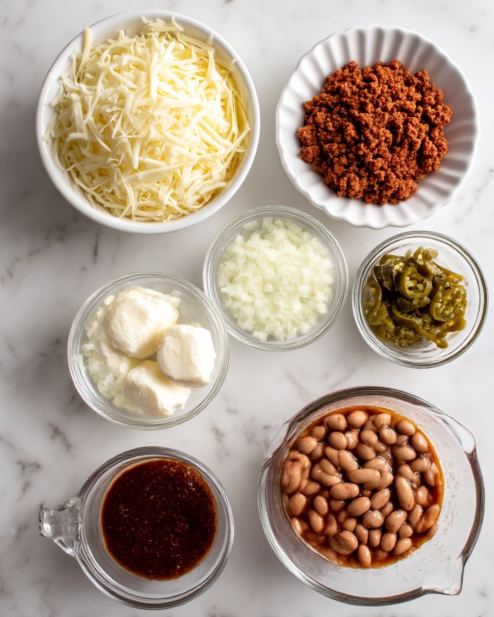 The image shows seven small containers placed on a white marbled surface, each holding different cooking ingredients. At the top left, a white bowl is filled with shredded pale-yellow asadero cheese with soft texture. To its right, a white fluted bowl contains cooked Mexican chorizo, which is reddish-brown and crumbly. Below the cheese bowl, there is a white bowl with chopped white onions showing a firm texture. A small clear glass bowl nearby holds two white scoops of pork lard, looking smooth and creamy. Next to the pork lard, a clear small glass bowl contains chopped green pickled jalapeños with a slightly wet look. Below and to the right, there is another small glass bowl with dark reddish-brown chipotle in adobo paste, glossy and dense. At the bottom center, a clear glass measuring cup is filled with brown pinto beans soaked in liquid, showing round and smooth beans with some light reflections on the liquid. Photo taken with an iphone --ar 4:5 --v 7