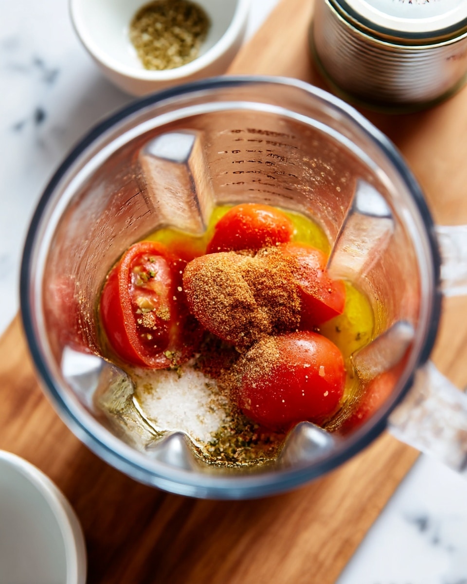 The image shows two side-by-side views of a blender on a white marbled surface. On the left, the blender container holds raw ingredients, including red tomato wedges, white onion chunks, and several garlic cloves over a liquid base. On the right, the blender contains a smooth orange-red liquid mixture with light bubbles on the surface, showing the ingredients blended together. The blender is clear with a black base, and the scene is brightly lit. Photo taken with an iphone --ar 4:5 --v 7