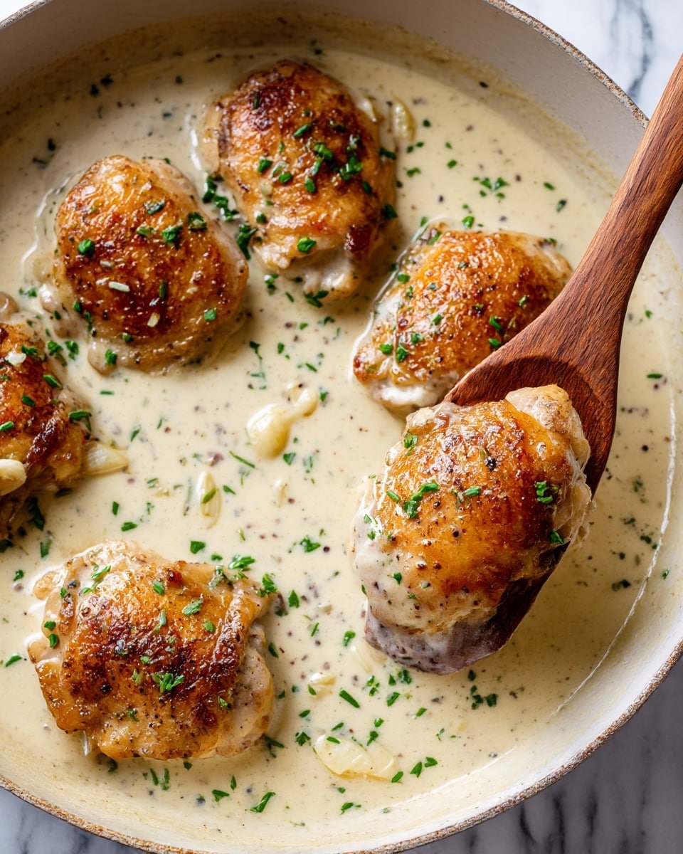 This image shows a pan with five pieces of golden-brown cooked chicken cooked in a creamy white sauce with visible cloves of garlic and small green parsley leaves scattered on top. The creamy sauce is rich and smooth, covering the chicken evenly. In the pan, a pair of wooden tongs is holding one piece of chicken on the right side. The overall scene has a warm and inviting look with light brown pepper specks on the chicken and sauce. The background surface is white marbled texture. photo taken with an iphone --ar 4:5 --v 7