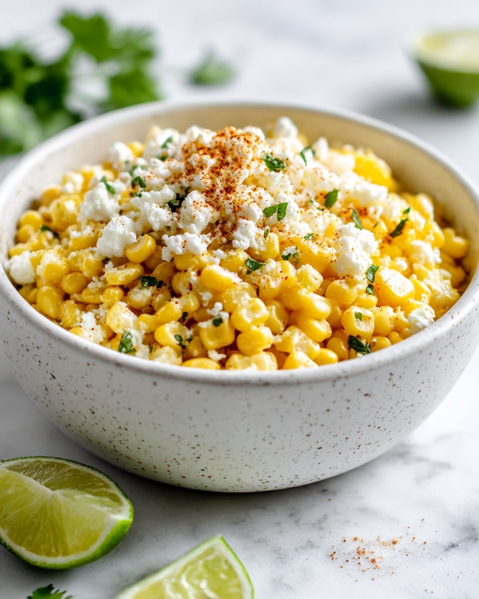 A bowl filled with cooked yellow corn kernels forms the base layer, which looks soft and slightly shiny. On top, there is a layer of white crumbly cheese evenly spread, with small green herb bits sprinkled over. A light dusting of reddish spice is seen scattered on top, adding color contrast. The bowl is simple, white with speckled spots, sitting on a white marbled surface. Two lime wedges are placed near the bowl in the foreground, with some green herbs blurred in the background. photo taken with an iphone --ar 4:5 --v 7