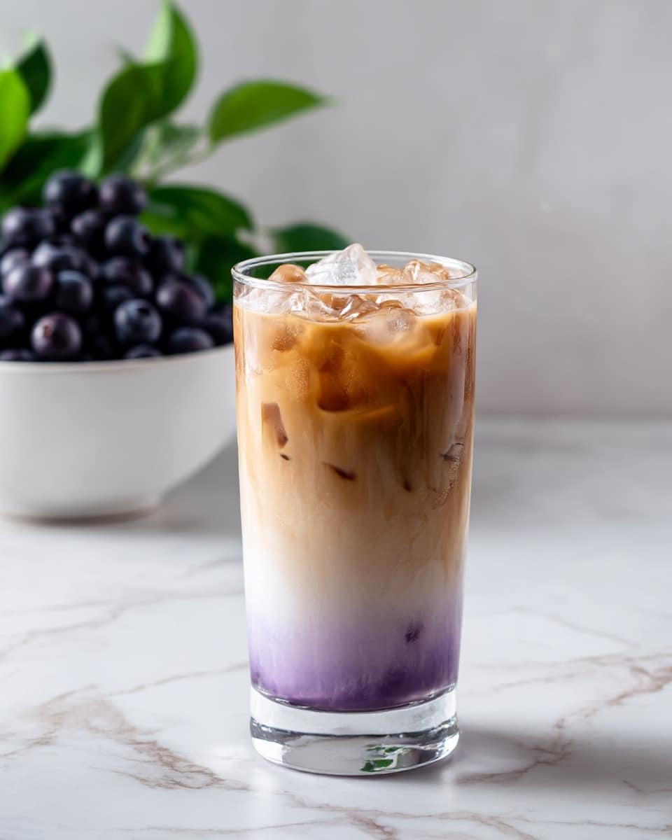 The image shows a clear tall glass filled with a layered iced coffee drink. At the bottom, there is a thick white layer of milk that looks smooth and creamy. Above that, a layer of coffee mixes slowly into the milk, with a gradient from light brown to dark brown as it reaches the top. The top layer is dark brown coffee with ice cubes floating on the surface. The glass is placed on a white marbled surface, and in the background, there are some blurred coffee beans. The scene is bright and clean. Photo taken with an iphone --ar 4:5 --v 7