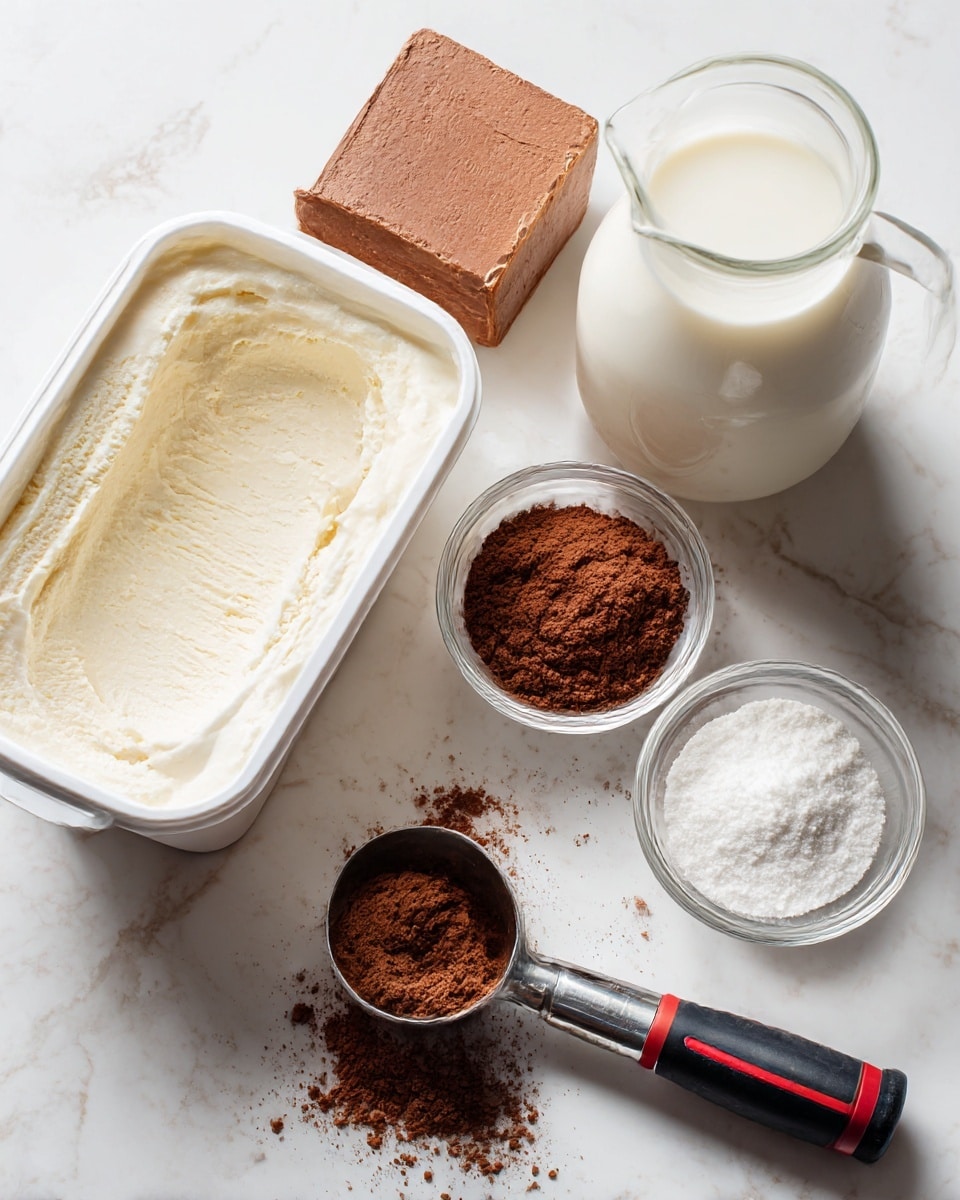 The image shows a setup of ice cream ingredients on a white marbled surface, including a large white container of vanilla ice cream with a smooth, creamy texture on the left, a half-visible thick brown chocolate ice cream block at the back, and a large opaque white milk jug on the right. In front are two small clear glass bowls filled with fine white sugar and cocoa powder, and scattered cocoa powder surrounds a metal ice cream scoop with a black and red rubber grip, lying flat on the surface. The overall colors are creamy white, rich brown, and silver, with a clean and neat arrangement. Photo taken with an iphone --ar 4:5 --v 7
