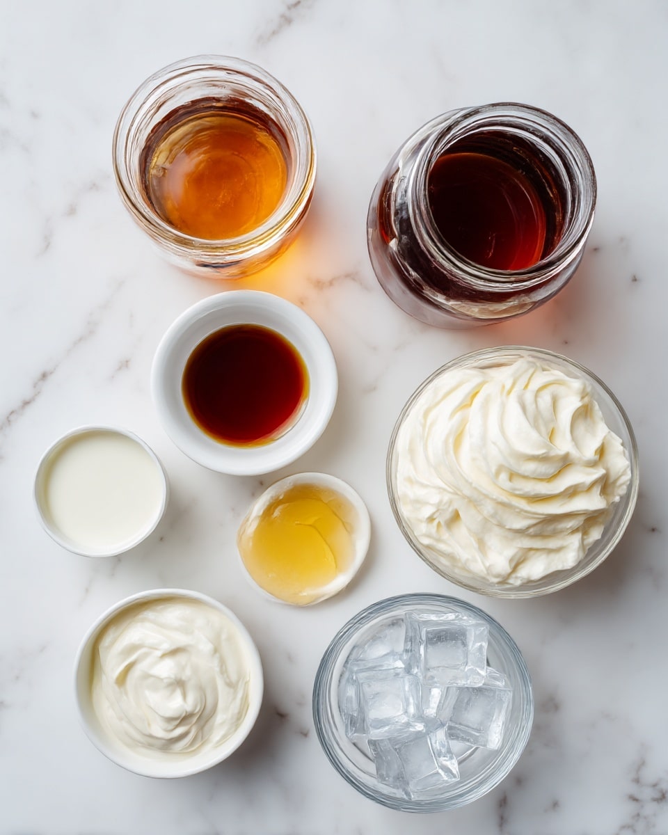 The image shows seven containers with different ingredients arranged neatly on a white marbled surface. At the top left is a glass jar filled with a dark amber liquid, next to it on the right is a glass jar with a dark brown liquid and an opened lid resting on the surface. Below these is a small white bowl with a darker amber liquid inside. On the bottom left is a small glass jar filled with white milk, directly to its right is another small white bowl with a golden syrup drizzled inside. To the right center is a glass bowl filled with soft white whipped cream with smooth folds and swirls. At the bottom right, a clear glass holds several ice cubes, showing transparency and sharp edges. photo taken with an iphone --ar 4:5 --v 7
