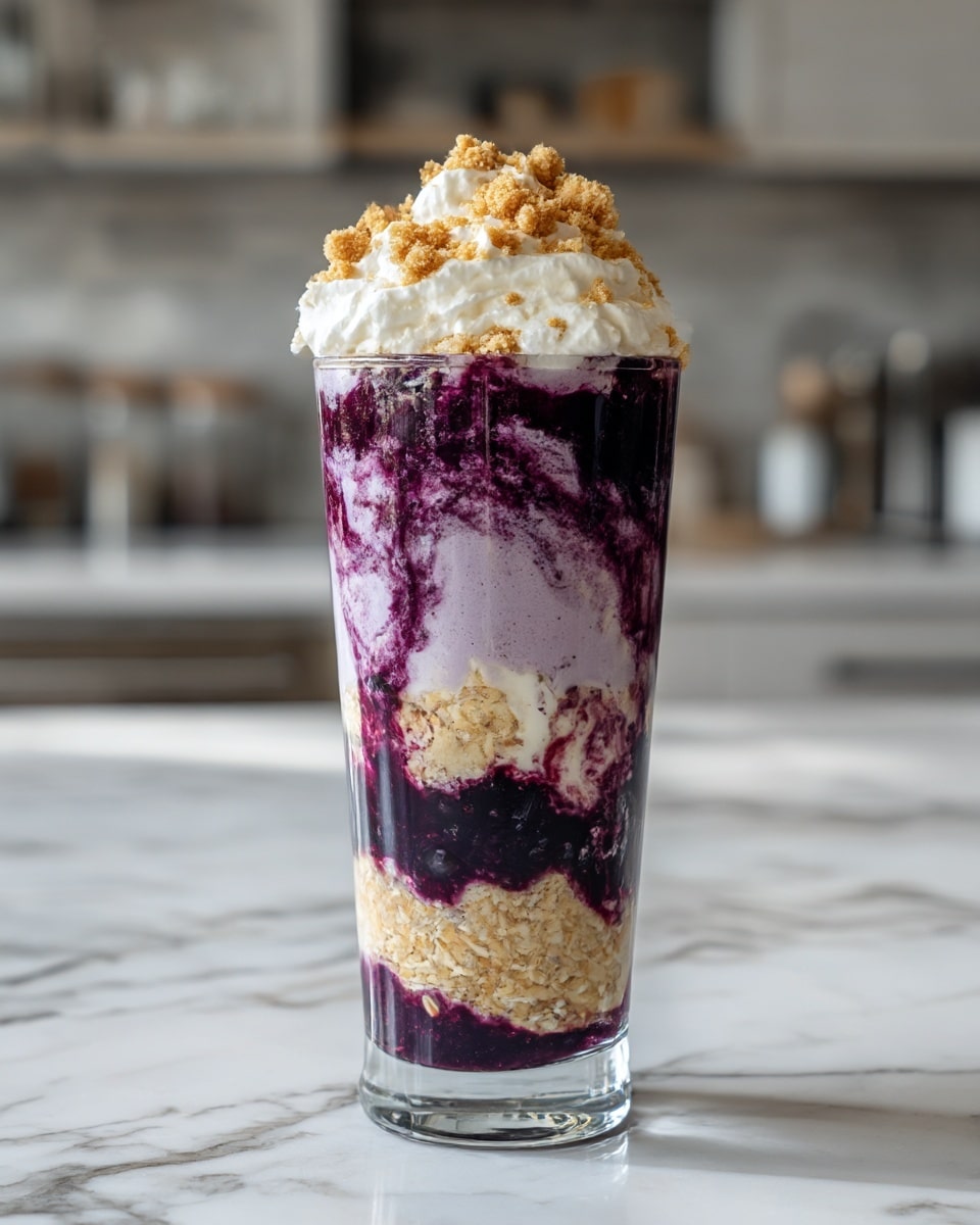 A tall clear glass shows a layered dessert starting with a deep purple blueberry puree at the bottom, topped by a beige grainy oatmeal layer with visible texture. Above the oatmeal is a light purple creamy layer blending into a dark purple fruit mix with some liquid swirling with white cream. At the top, a fluffy white whipped cream layer mixed with some purple bits is crowned by a crumbly light brown topping scattered unevenly. The glass is placed on a white marbled surface with a blurred kitchen background. photo taken with an iphone --ar 4:5 --v 7