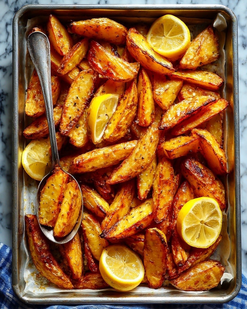 The image shows a baking tray filled with golden roasted potato wedges, each piece crispy on the edges and soft inside. The wedges are laid out in a single layer, with a few lemon slices scattered evenly across the tray, adding bright yellow color contrast. A silver spoon is scooping up some of the potato wedges from the bottom left side. The tray rests on a white marbled surface with a glimpse of a blue and white checkered cloth partially visible at the bottom. The lighting highlights the texture of the potatoes making them look warm and tasty. Photo taken with an iphone --ar 4:5 --v 7