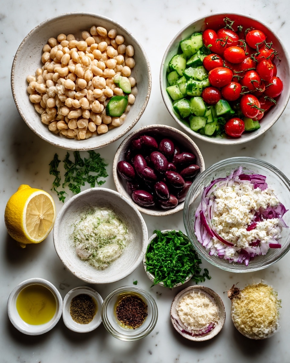 The image shows several white bowls arranged on a white marbled surface, each filled with different ingredients. There is one large bowl with light beige beans, another large bowl with chopped bright green cucumbers, and a bowl filled with halved red cherry tomatoes with stems. A medium bowl has crumbled white cheese, and a clear glass bowl contains shiny dark purple olives. There is a half lemon placed near these bowls. Smaller white bowls hold olive oil, dried herbs, crumbled cheese, chopped green parsley, sliced purple onions, and ground black pepper. The arrangement is neat, with vibrant colors and varied textures clearly visible. Photo taken with an iphone --ar 4:5 --v 7