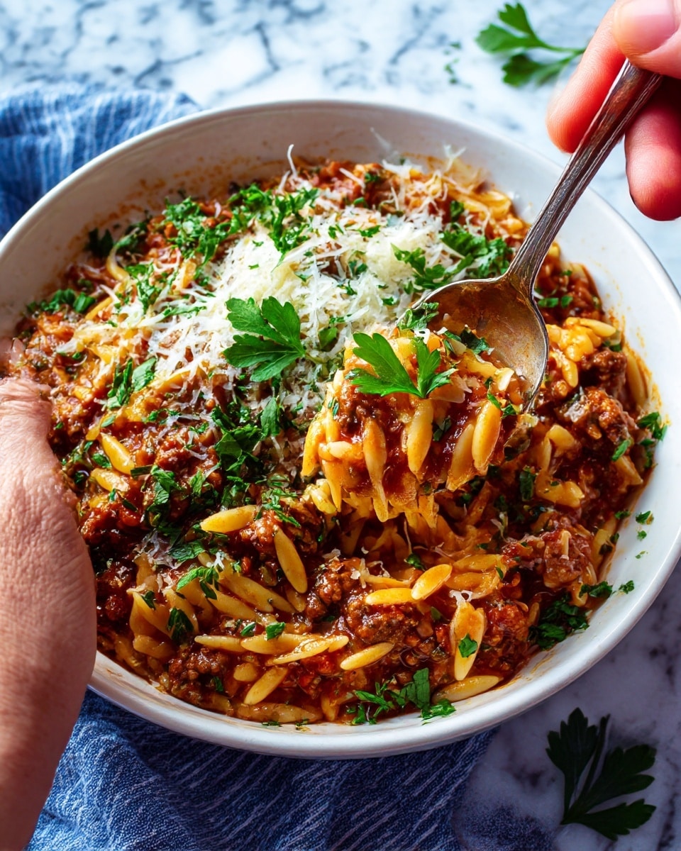 A white bowl holds a thick, rich mixture of cooked orzo pasta and ground meat combined in a deep reddish-brown sauce with visible herbs and small bits of onion. The top layer shows a sprinkling of grated cheese and chopped fresh green parsley, adding texture and color contrast. The dish rests on a blue and white striped cloth, with a silver spoon inside scooping some of the orzo and meat mixture, showing the moist and hearty texture. The background is a white marbled surface with soft light enhancing the warm golden oil glistening around the edges. Photo taken with an iphone --ar 4:5 --v 7