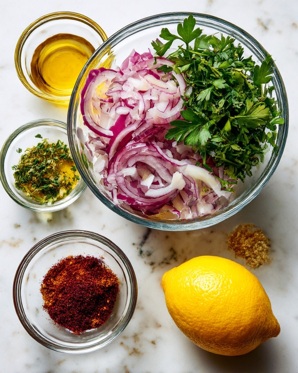 The image shows six small clear glass bowls arranged on a white marbled surface. The largest bowl in the center holds thin rings of red onion, pale purple and white in color. Above it, a smaller bowl contains finely chopped green parsley leaves. To the left of the parsley, a tiny bowl holds golden yellow olive oil, smooth and shiny. Below the oil, another tiny bowl is filled with deep red sumac powder, fine and evenly ground. To the right of the sumac, a bright yellow lemon with a smooth skin is placed directly on the surface. All items are neatly spaced with soft natural light, creating a fresh and clean look. Photo taken with an iphone --ar 4:5 --v 7