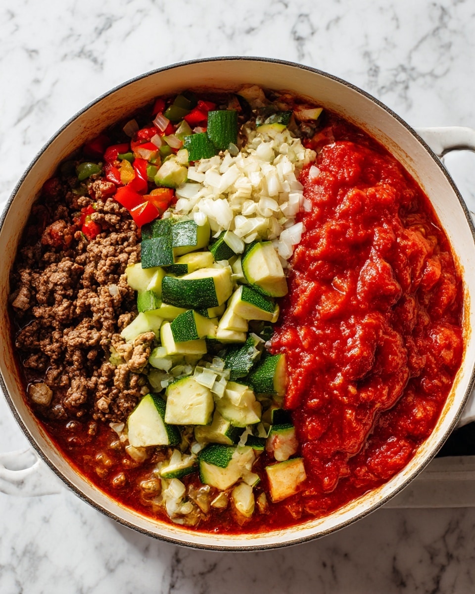 A white pot on a stove has four stages of cooking shown. The first layer is cooked brown ground beef mixed with finely chopped red and green bell peppers and white onions all stirred together. The second layer adds sliced green zucchini chunks and small bits of white garlic sitting on top. The third layer adds a generous amount of red tomato sauce and diced tomatoes spread over the vegetables and meat. The final stage shows the mixture simmering, with the tomato sauce merging with the beef, vegetables, and zucchini visible in a thick stew. The background is a white marbled texture. photo taken with an iphone --ar 4:5 --v 7