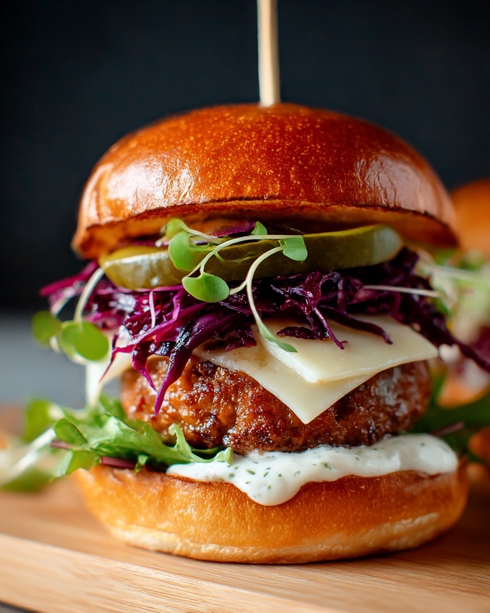 A sesame seed-topped burger bun sits on a white marbled surface, holding a juicy beef patty with melted yellow cheese just beneath it. On top of the cheese, there are two slices of bright red tomato, green pickles, and thin purple onion rings. Under the patty, fresh green curly lettuce rests on the bottom half of the sesame bun, with some red sauce peeking through. The whole burger shows clear layers stacked closely, with colors of brown, green, red, yellow, and purple. Photo taken with an iphone --ar 4:5 --v 7