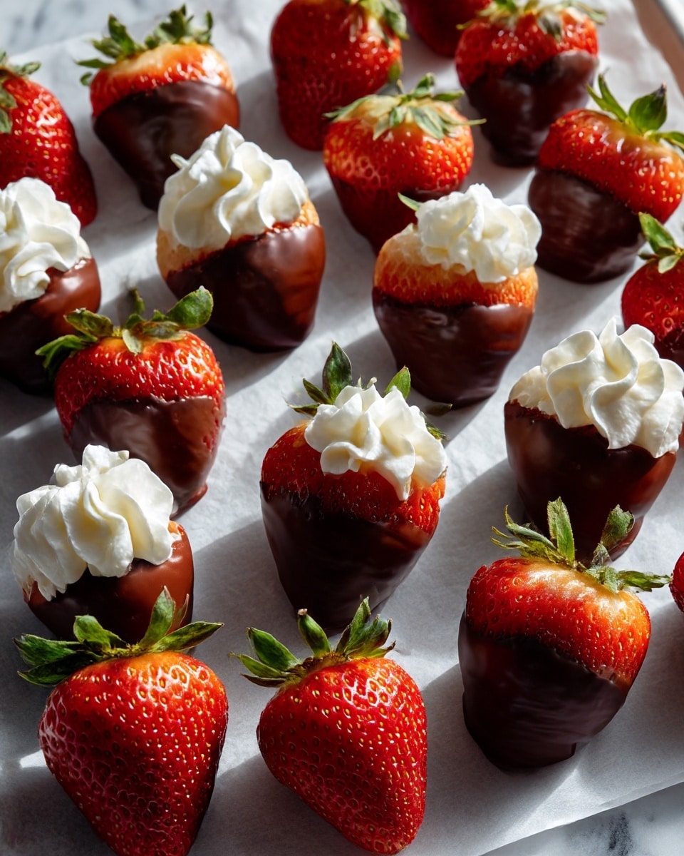 The image shows many strawberries, each dipped halfway in smooth milk chocolate, creating a shiny brown layer covering the bottom half of the bright red fruit with tiny seeds. On top of each strawberry, there is a swirl of white whipped cream, popping out in soft peaks. The strawberries are arranged neatly in rows on a flat surface covered with parchment paper, which sits on a white marbled texture. Sunlight casts soft shadows beside each strawberry, enhancing the bright red, rich brown, and creamy white colors, showing a fresh and tasty dessert. photo taken with an iphone --ar 4:5 --v 7