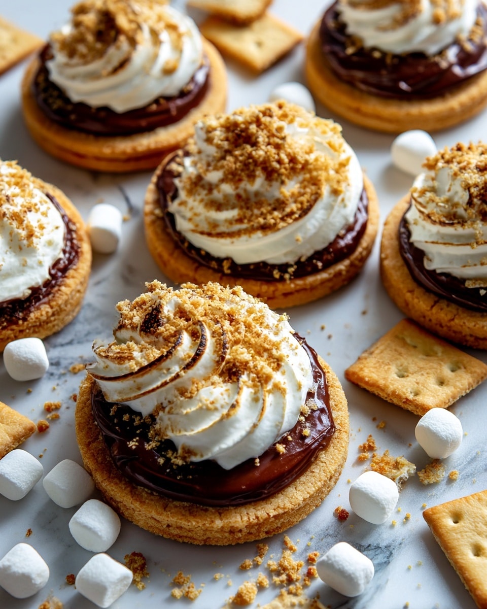 The image shows several round cookies on a white marbled surface, each with three layers: the bottom layer is a light brown cookie base, the middle layer is a thick, smooth, dark chocolate spread, and the top layer is a swirl of white cream frosting sprinkled with crushed light brown cookie crumbs. Scattered around the cookies are small white marshmallows and broken pieces of a square, lightly toasted cracker. The scene is bright and clean, with cookie crumbs spread naturally around the treats. photo taken with an iphone --ar 4:5 --v 7