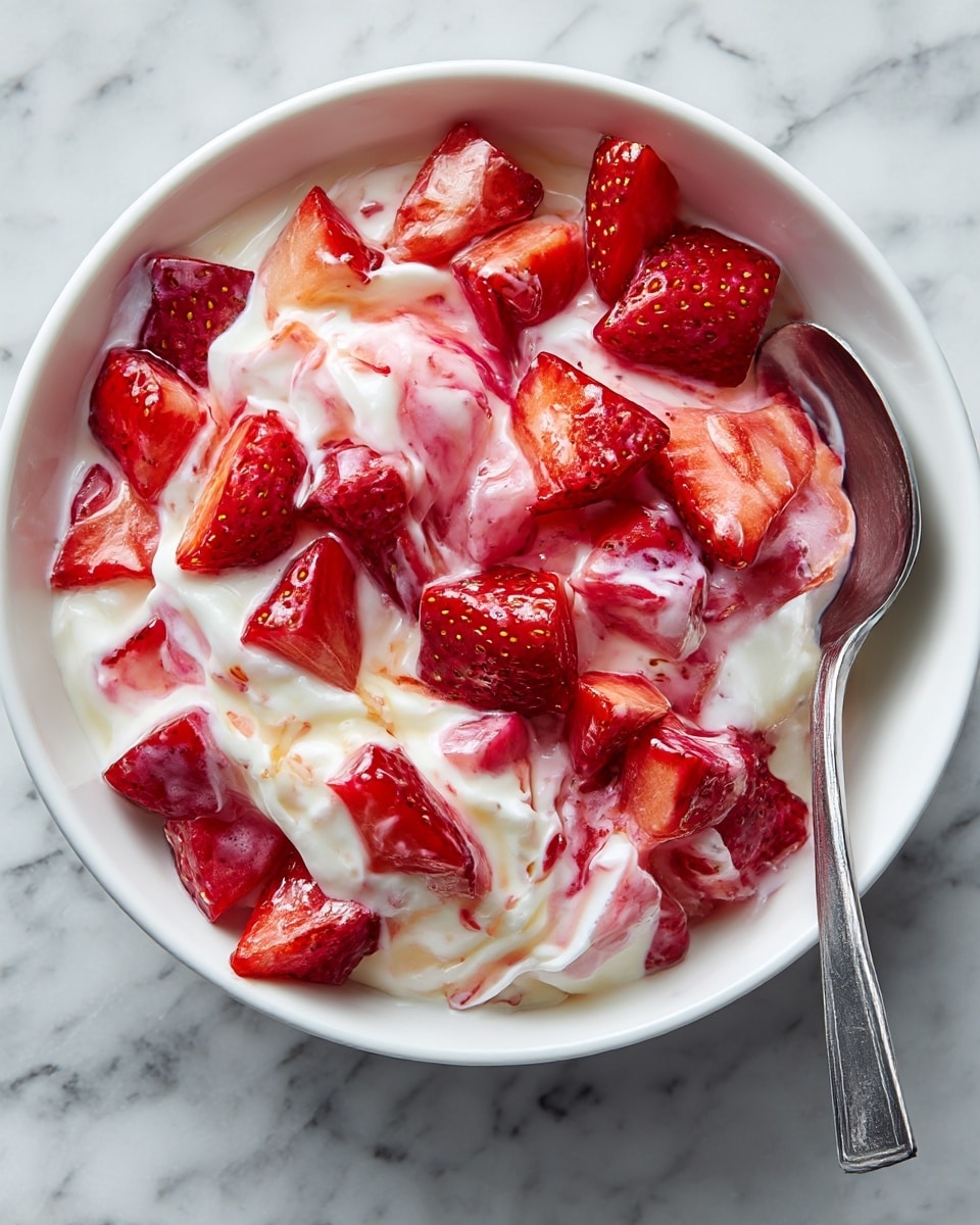 A white bowl filled with a creamy mixture of yogurt and chopped strawberries, where the yogurt is thick and smooth, coating bright red strawberry pieces with some pinkish blends where the juice mixes. The chunks of strawberry vary in size, showing their juicy texture, and a silver spoon is partially buried in the mixture, resting on the right side of the bowl. The bowl sits on a white marbled surface, giving a clean and fresh look. photo taken with an iphone --ar 4:5 --v 7