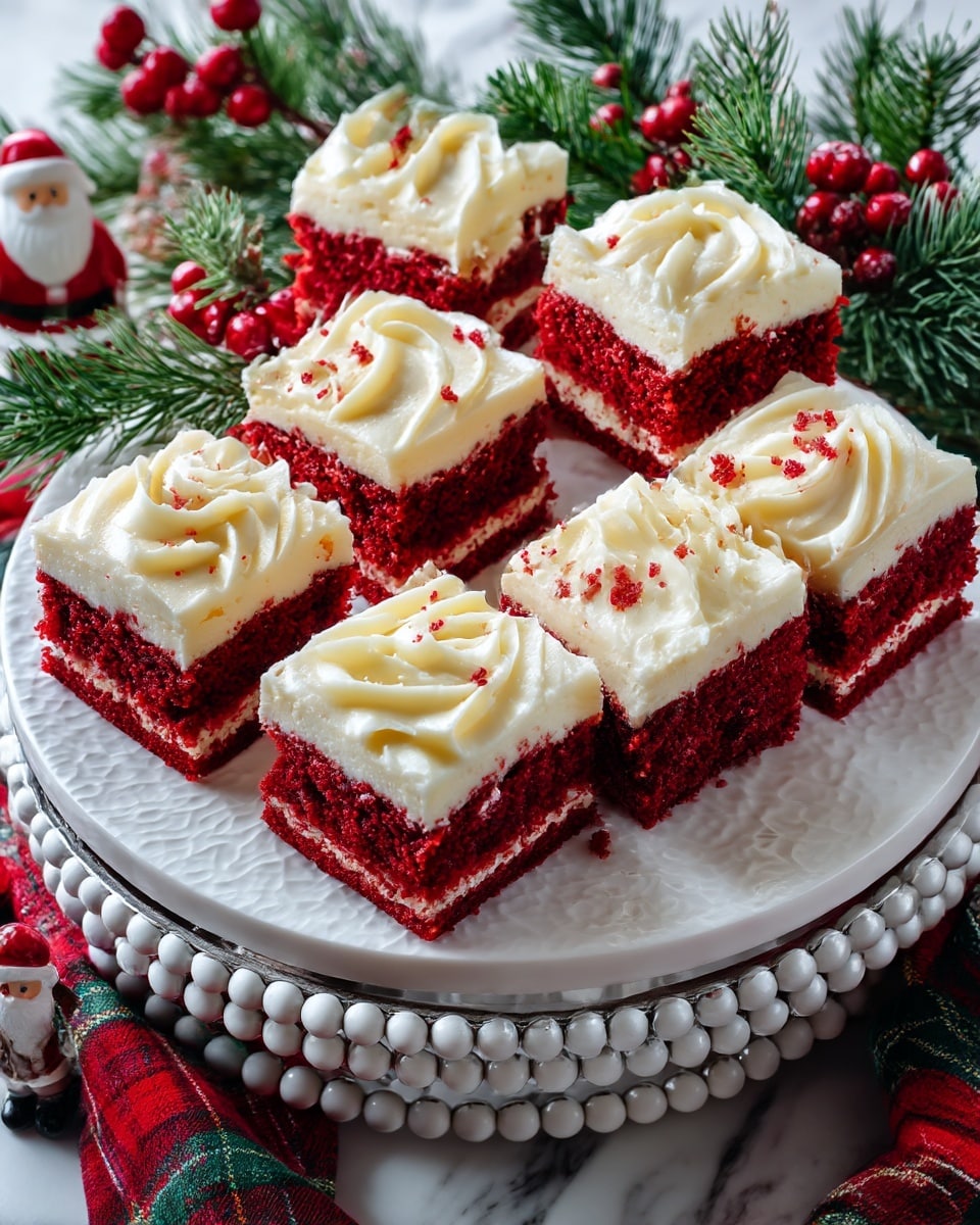 A close-up of a single red velvet square cake with a thick layer of smooth white cream frosting on top. The cake has a moist and dense texture with visible small air pockets and a rich deep red color. The frosting is swirled in a soft, creamy pattern that covers the entire top surface of the cake. The cake piece sits on a white plate with a slightly marbled texture beneath it. More pieces of the same red velvet cake are blurred in the background. photo taken with an iphone --ar 4:5 --v 7