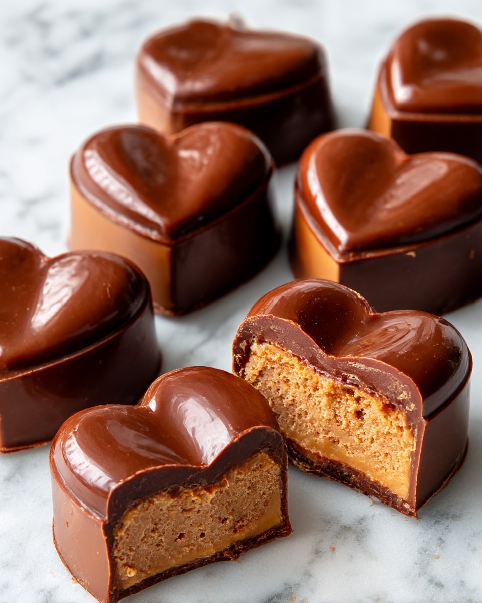 The image shows several heart-shaped chocolate cakes with smooth dark chocolate coating. Each cake is a single layer with a shiny and even surface. Some cakes have soft pink icing decorations, including the word