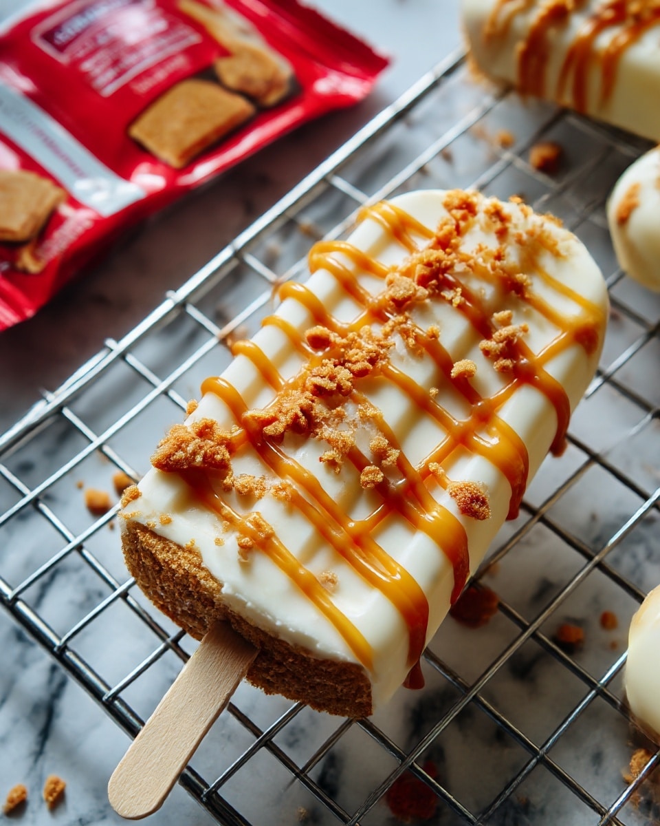 The image shows a close-up of an ice cream bar resting on a silver cooling rack over a white marbled surface. The ice cream bar has three visible layers: a bottom layer of smooth creamy white chocolate, a thick middle layer of crumbly light brown biscuit or cookie, and a top layer of white chocolate drizzled with caramel sauce and sprinkled with small crunchy brown crumbs. The ice cream bar has a wooden stick at its base, and one side has a bite taken out, revealing the crumbly inside. In the background, a blurred red jar and another ice cream bar in a white package can be seen. Photo taken with an iphone --ar 4:5 --v 7
