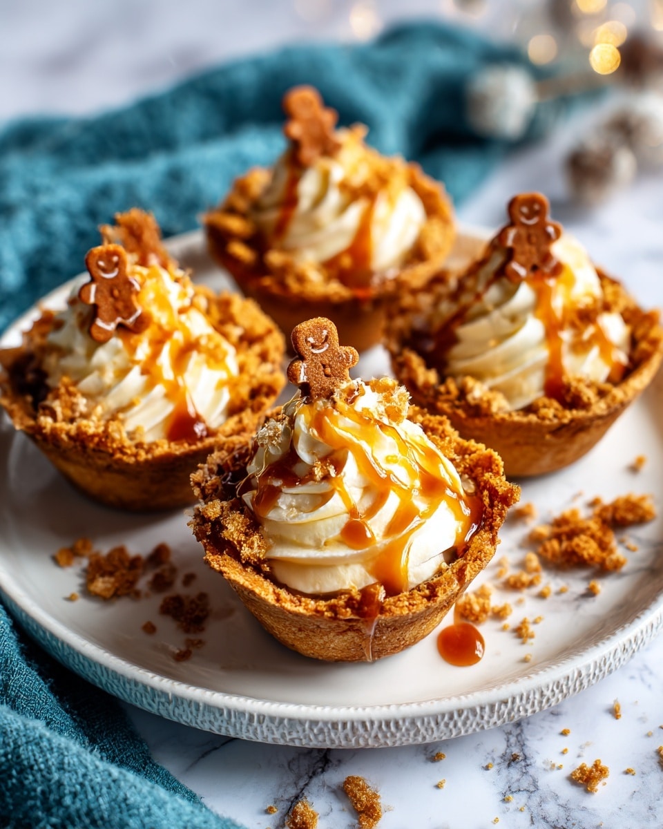 The image shows five small cookie cup desserts arranged on a white plate with a dotted texture around the rim, placed on a white marbled surface. Each cup has three layers: the bottom layer is a golden-brown, crumbly cookie cup with a sugar coating giving it a slightly rough texture; the middle layer is a creamy, off-white swirl of frosting piped in a tall, fluffy peak in the center of the cookie cup; the top layer has a drizzle of glossy caramel sauce and small light brown gingerbread man-shaped sprinkles scattered on the frosting and around the plate. There is a light blue cloth blurred in the background, creating a soft and cozy setting. photo taken with an iphone --ar 4:5 --v 7