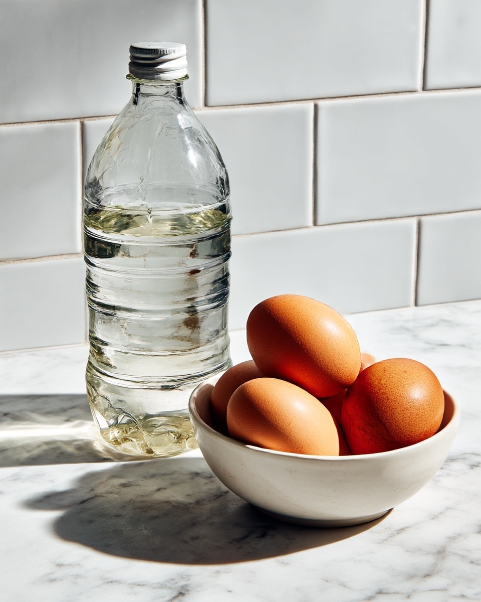 The image shows a clear plastic bottle of distilled white vinegar standing on a white marbled surface next to a small white bowl. Inside the bowl are three brown eggs with smooth shells, arranged with some eggs slightly overlapping each other. The background features white subway tiles, creating a clean and simple kitchen setting. The lighting is bright, highlighting the glass and eggs with soft shadows behind them. photo taken with an iphone --ar 4:5 --v 7