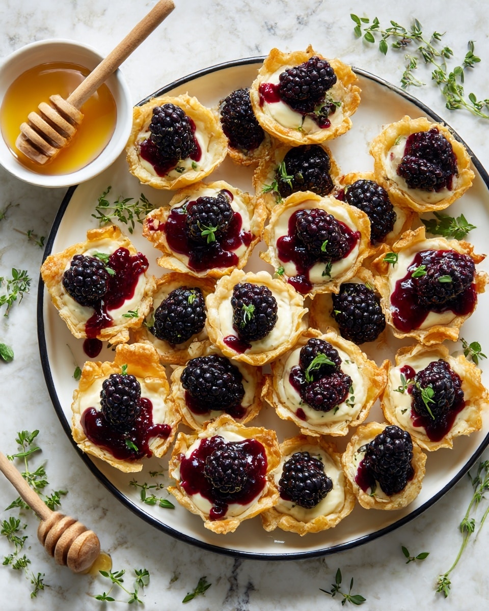 A round white plate with a black rim holds fifteen small tartlets arranged closely together. Each tartlet has a golden, crinkled pastry shell as the base. Inside the shells, there is a creamy off-white layer topped with a deep purple-black blackberry and a small drizzle of dark red-purple jam. Small green herb leaves are sprinkled over the tartlets and plate for decoration. The plate sits on a white marbled surface scattered with a few green herb sprigs. In the upper left corner, a small round white bowl contains golden honey with a wooden honey dipper resting inside. Photo taken with an iphone --ar 4:5 --v 7