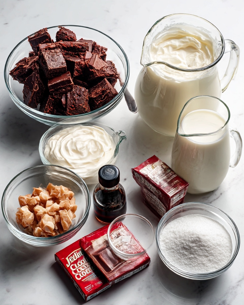 The image shows clear glass bowls and containers arranged on a white marbled surface, each containing different ingredients for a dessert. In the top left, a bowl filled with dark brown chocolate cake pieces with a rough texture sits next to a smaller glass pitcher of heavy whipping cream, white and smooth, with a spoon resting on its edge. To the right, there is a larger glass pitcher filled with white milk. Below these, a small glass container holds light brown Heath candy pieces. Next to it, a small bottle of dark vanilla extract stands upright. Two boxes of Jell-O chocolate pudding mix are placed side by side, showing red and brown packaging. Lastly, a bowl filled with fine white powdered sugar completes the arrangement at the bottom right. photo taken with an iphone --ar 4:5 --v 7