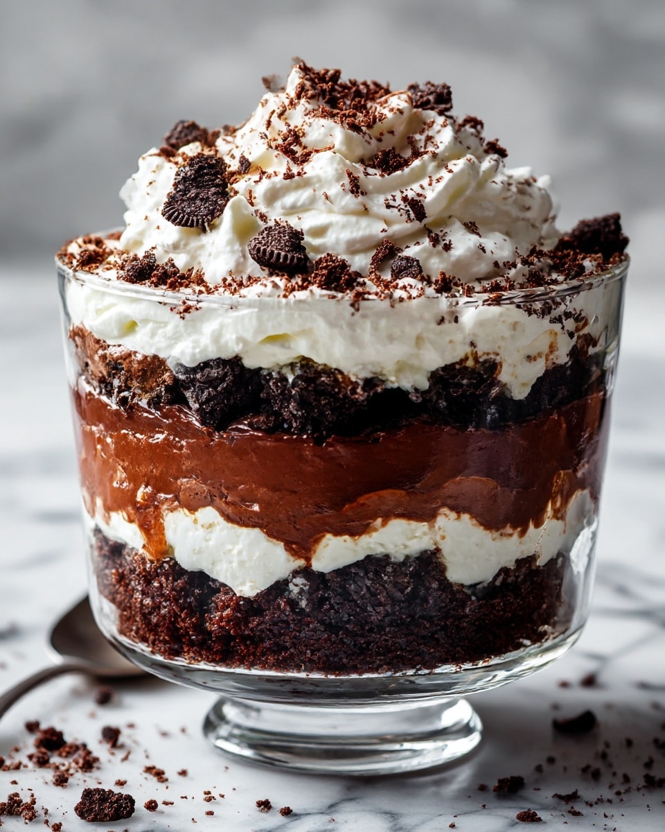The dessert is served in a clear glass bowl showing six visible layers from bottom to top: a dark brown crumbly cake layer, followed by a thick smooth dark chocolate pudding layer, then a layer of crunchy dark chocolate cookie pieces, topped with a thick layer of white creamy whipped topping, another dark crumbly cake layer, and finished with a generous fluffy white whipped cream layer sprinkled with fine dark chocolate cookie crumbs on top, all placed on a white marbled surface. Photo taken with an iphone --ar 4:5 --v 7