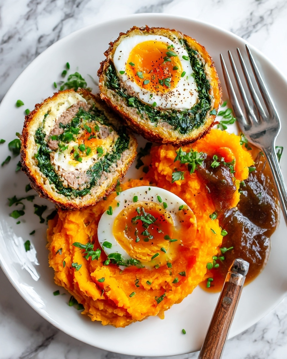 The image shows four cut halves of golden-brown fried stuffed eggs arranged on a white plate with striped grey lines, each showing a bright orange yolk center surrounded by a crispy, textured outer layer. The eggs rest on fresh green lettuce leaves that add a bright contrast. In the top right corner, there is a small white bowl filled with red sauce. The plate is set on a round woven straw mat, placed over a white marbled surface. The woman's hand is not visible. Photo taken with an iphone --ar 4:5 --v 7