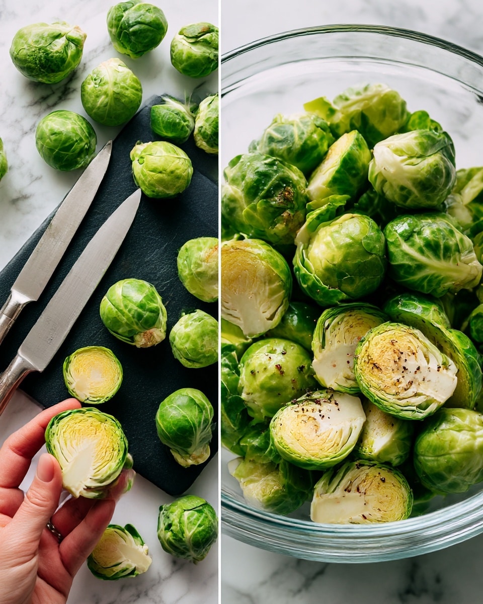 The image shows two side-by-side photos on a white marbled surface. On the left, many fresh, whole Brussels sprouts are scattered on the surface and a black cutting board, with a woman's hand holding one piece that is cut in half, showing the light green inside and layered texture. A silver knife is placed near the sprouts. On the right, a clear glass bowl contains many halved Brussels sprouts with visible whitish cut sides and green leafy tops, sprinkled with black pepper on top. Both photos focus on the fresh, green texture of the vegetables with soft natural light. photo taken with an iphone --ar 4:5 --v 7